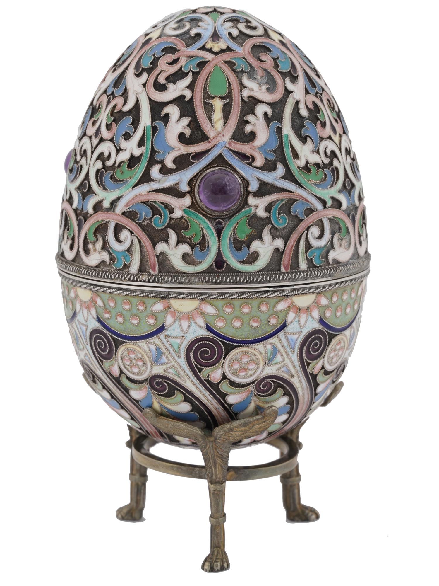 LARGE RUSSIAN SILVER ENAMEL EGG CASKET WITH STAND PIC-2